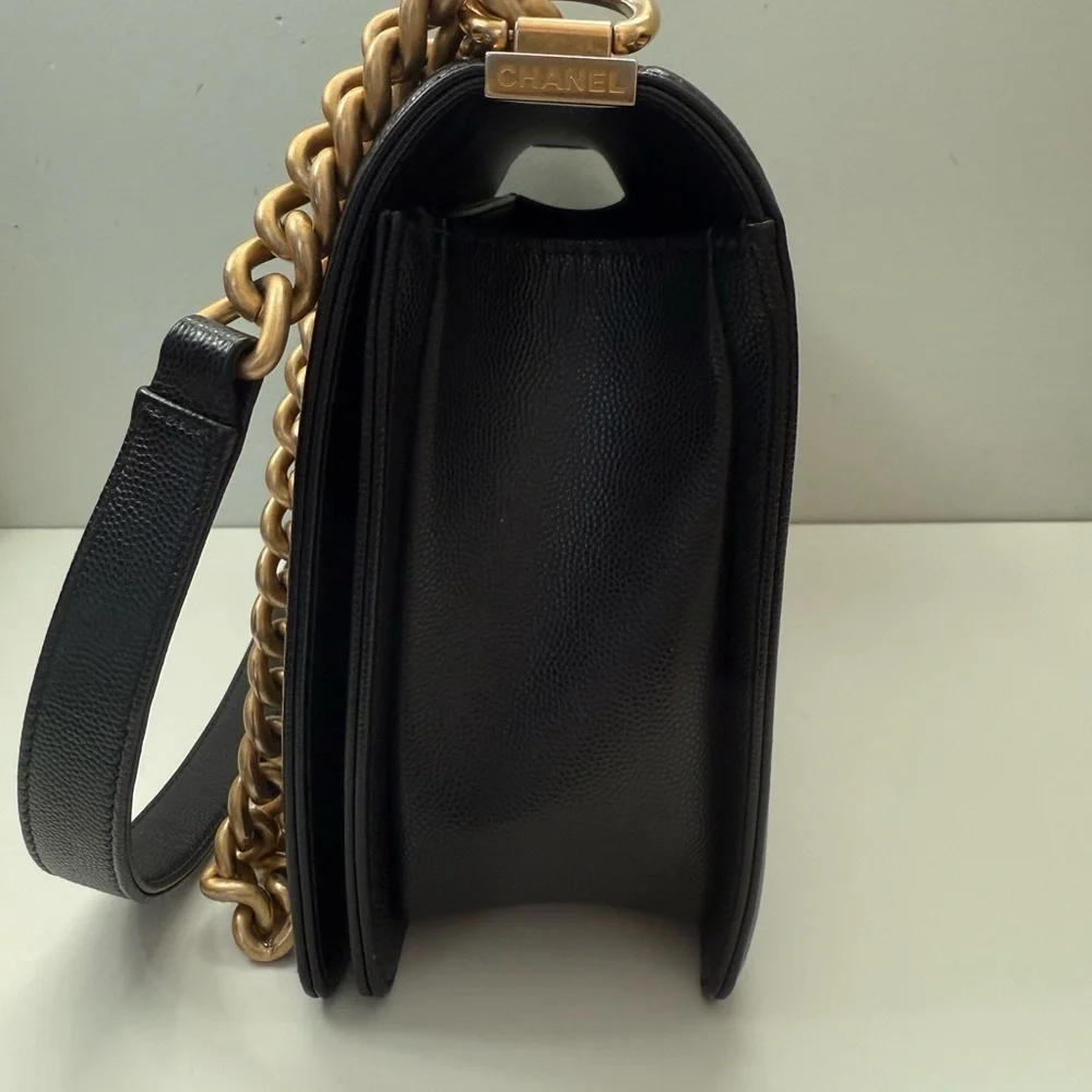 CHANEL Black Caviar Boy Bag with Aged Gold Chain and microchip